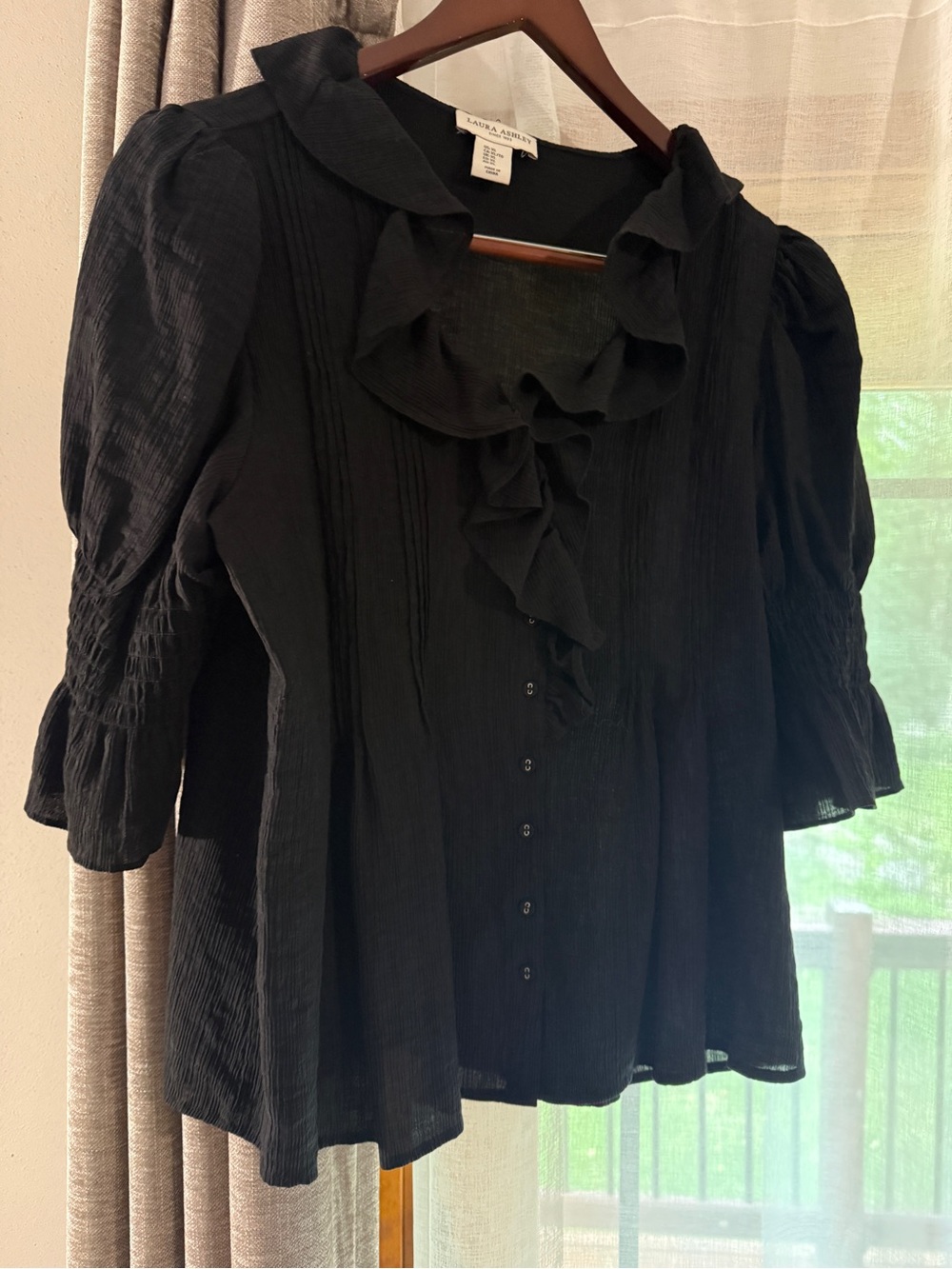 Laura Ashley Black Ruffle-Front Puff Sleeve Blouse